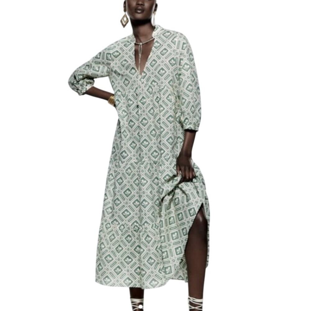 Zara Green Printed Midi Dress Small